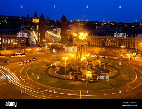 night view of Plaza de Espana with Venetian towers. Barcelona Stock ...