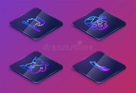 Set Isometric Line Pirate Flag, Treasure Map, Captain and Sword. Blue Square Button Stock Vector ...