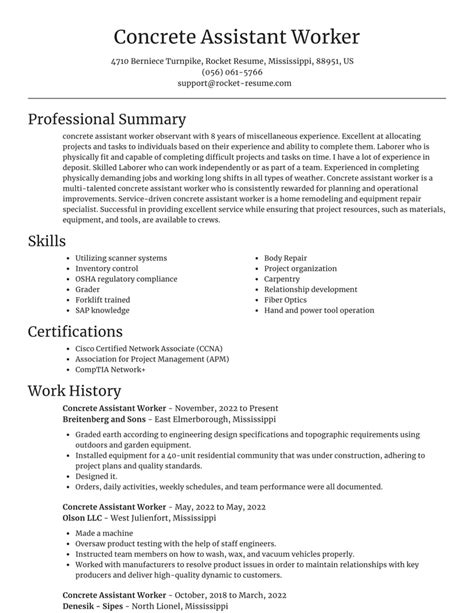 Concrete Assistant Worker Resumes | Rocket Resume