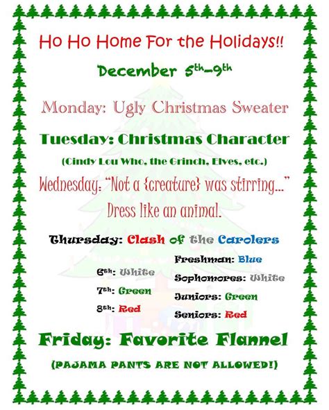 christmas dress up days! | Christmas dress up, Holiday spirit week, School spirit week