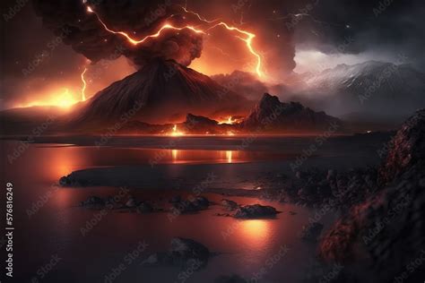 Volcano eruption at night with storm and lightning Stock Illustration ...