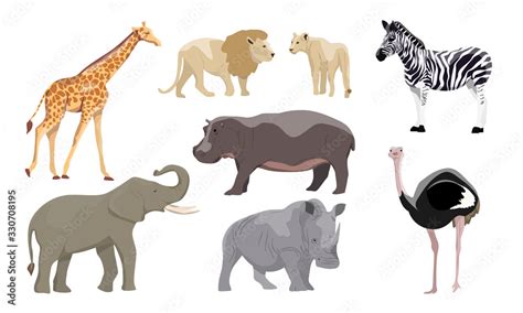 African animals set. Elephant, lion and lioness, zebra, ostrich, hippo, rhino and giraffe ...