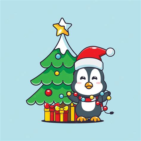 Premium Vector | Cute penguin with christmast lamp. cute christmas cartoon illustration.