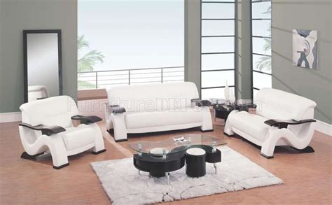 Modern White Leather Living Room Sofa w/Cappuccino Finish Arms