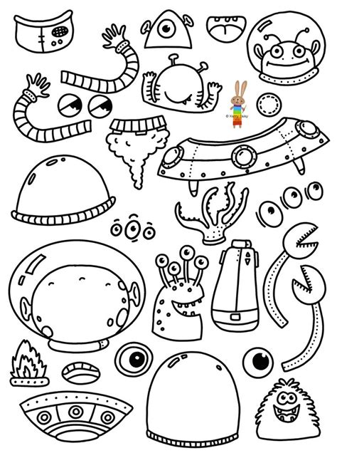 Printable art worksheet - cut and colour your own alien. Pictures of individual alien parts on ...