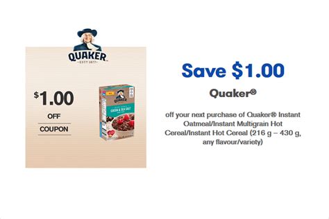 Quaker Instant Oatmeal Coupons. Save $1.00 on Quaker Oatmeal - webSaver.ca