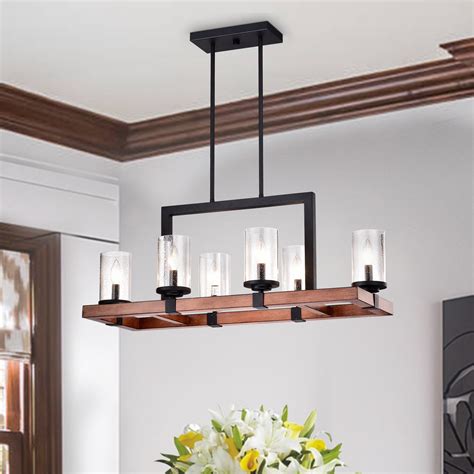6-Light Black and Wood Rectangular Linear Chandelier with Seedy Glass ...