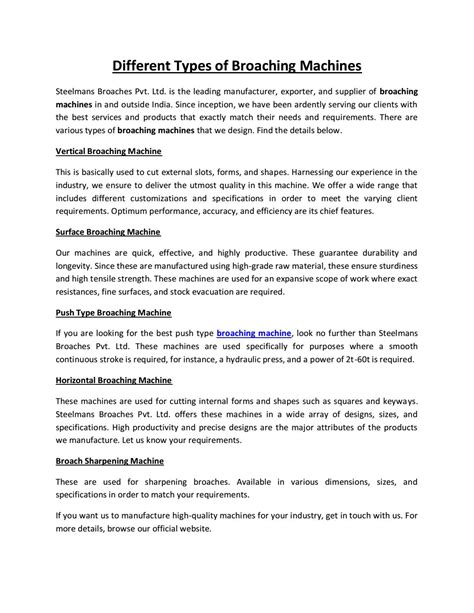 Different Types of Broaching Machines by steelmans - Issuu
