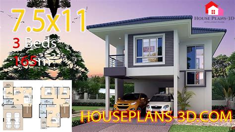 House plans design idea 8x8 with 3 Bedrooms - House Plans 3D