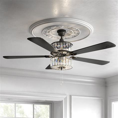 Feminine French Country 52" Demonbreun Caged Crystal 5 Blade Ceiling Fan with Remote, Light Kit ...