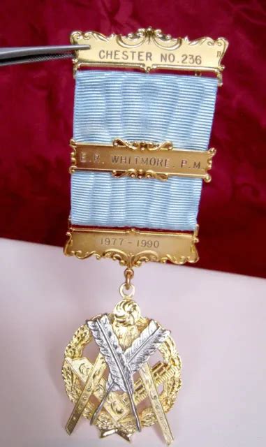 RARE ANTIQUE GOLD Tone Masonic Chester No 236 Medal Pin Blue Ribbon ...