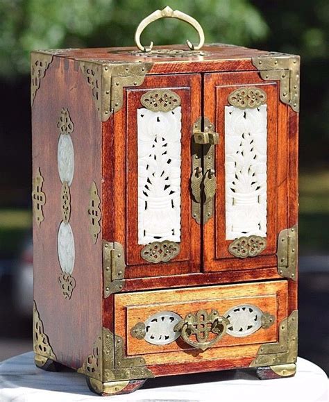 LARGE 12" ANTIQUE CHINESE WOOD JEWELRY BOX HAND CARVED WHITE JADE ...