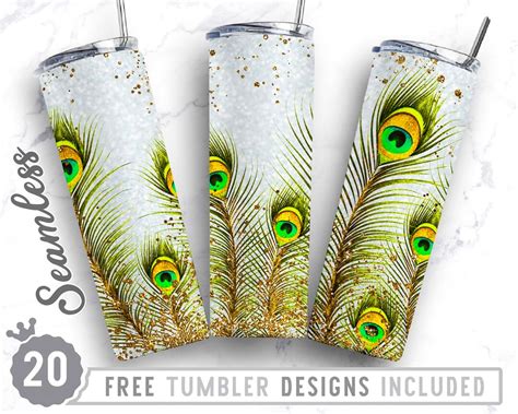 20oz Skinny Tumbler Design Sublimation Template Glitter Feather Peacock ...