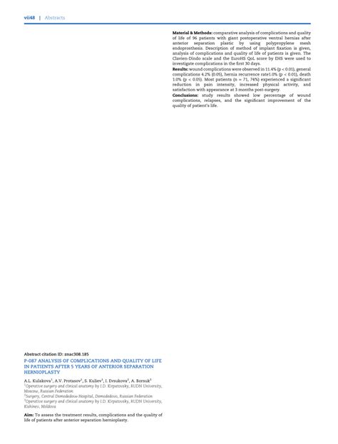 (PDF) P-087 ANALYSIS OF COMPLICATIONS AND QUALITY OF LIFE IN PATIENTS AFTER 5 YEARS OF ANTERIOR ...