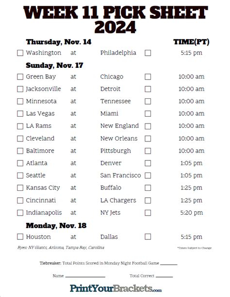 Pacific Time Week 11 NFL Schedule 2024 - Printable