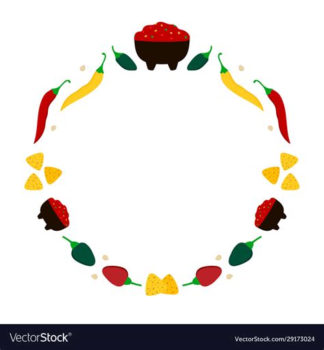 Mexican food salsa bowls and chili peppers frame Vector Image