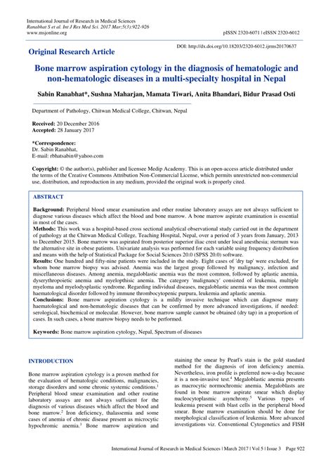 (PDF) Bone marrow aspiration cytology in the diagnosis of hematologic and non-hematologic ...