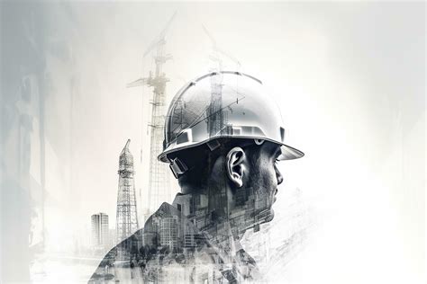 Silhouette of engineer in hardhat against construction background ...