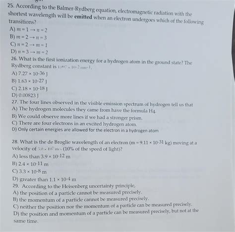 Solved 25. According to the Balmer-Rydberg equation, | Chegg.com