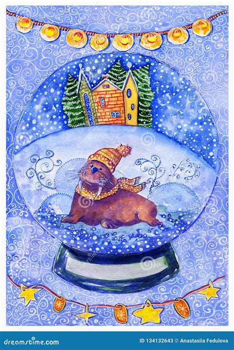 Walrus in a Hat and Scarf on the Winter Background in a Snow Globe Stock Illustration ...