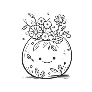 Flowers In A Vase Drawn With A Smile Outline Sketch Drawing Vector, Flower Vase Drawing, Flower ...