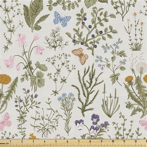 Floral Fabric by The Yard, Vintage Garden Plants with Herbs Flowers Botanical Classic Design ...