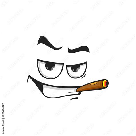 Cartoon smoking face, vector character with cigar in mouth. Self confident smoker personage with ...