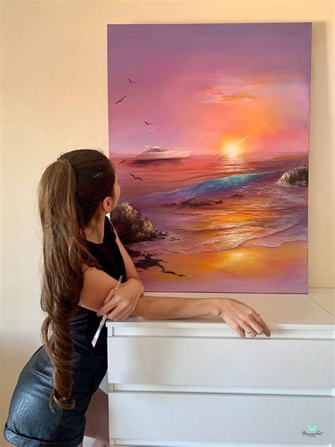 Sunset Original Art, Original Boat Art, Colorful Sunset Artwork, Original Acrylic Ocean View ...