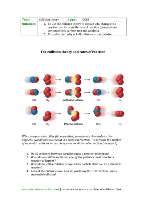 GCSE worksheet on the collision theory and rates of reaction