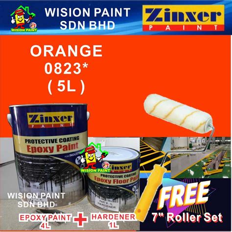 0823* ORANGE ( 5L ) 5 Liter ZINXER Two Pack Epoxy Floor Paint ( FREE 7" 1 SET ROLLER PAINTING ...