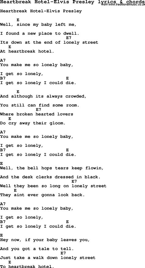 Love Song Lyrics for:Heartbreak Hotel-Elvis Presley with chords.