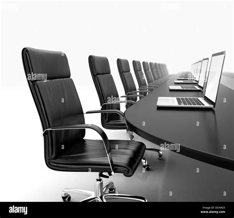 3D render of conference room with black table black leather chairs and laptops Stock Photo - Alamy