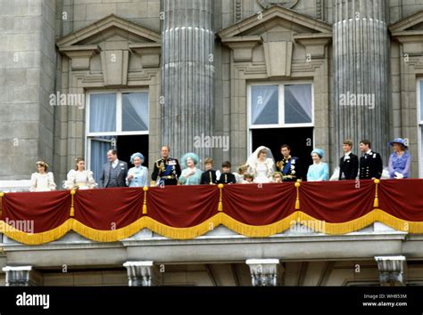 Buckingham Palace balcony with the wedding party of Prince Charles and Lady Diana Spencer on ...