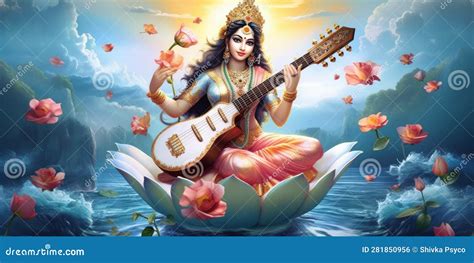 Portrait Of Hindu Goddess Saraswati Mata With Her Sitar Stock Photo | CartoonDealer.com #281850956