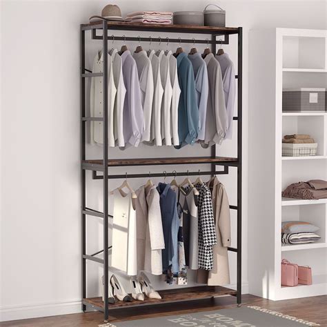 Tribesigns Double Rod Closet Organizer, Free Standing 3 Tiers Shelves Clothes Garment Racks ...