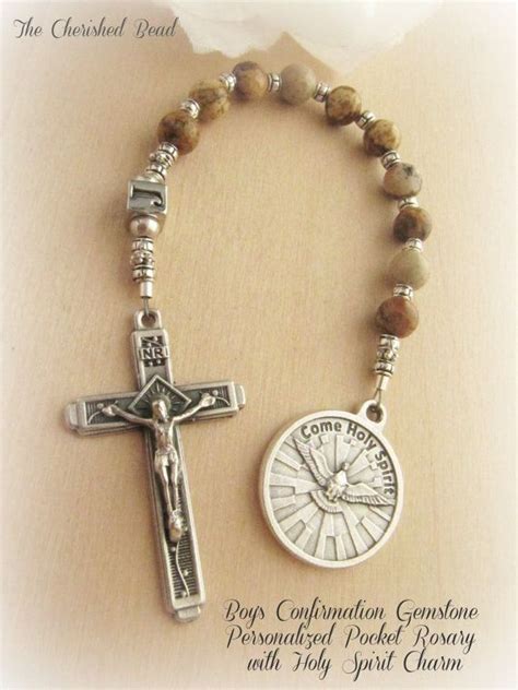 Boy's Personalized Catholic Confirmation Gemstone Pocket Rosary with Holy Spirit Charm ...