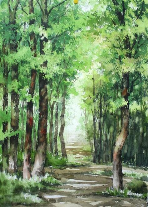 Beautiful watercolor painting of trees lining a forest path. Nam-il watercolor. #wa ...