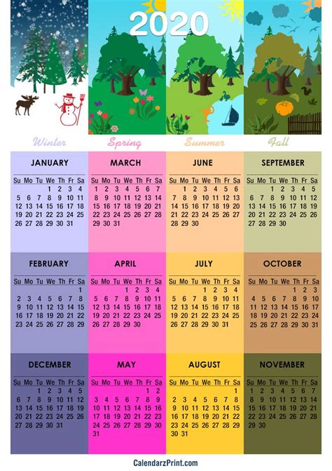 2020 Calendar – Printable Free – 4 Seasons Calendar – Sunday Start | Print calendar, Season ...