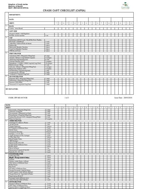 APP-MS-047-01 B Crash Cart Checklist CAPSA | PDF | Syringe | Medical Treatments