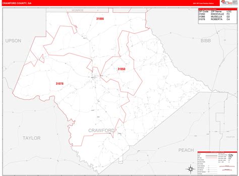 Crawford County, GA Zip Code Wall Map Red Line Style by MarketMAPS - MapSales.com