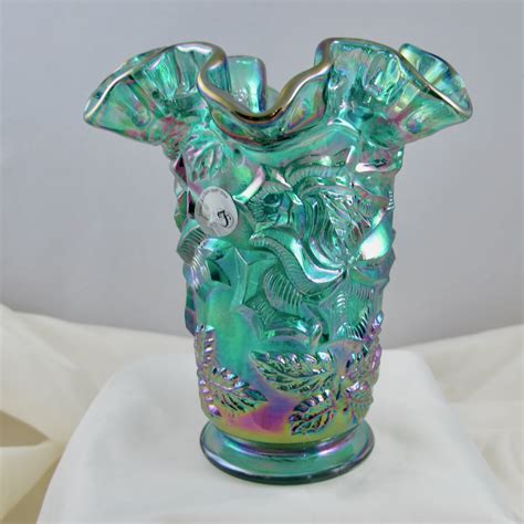 Fenton Spruce Green Wild Rose Art Carnival Glass Crimped Vase – Carnival Glass