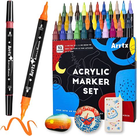 Arrtx Acrylic Paint Pens, 32 Colours Brush and Fine Tips Acrylic Markers, Rock Painting Pens ...