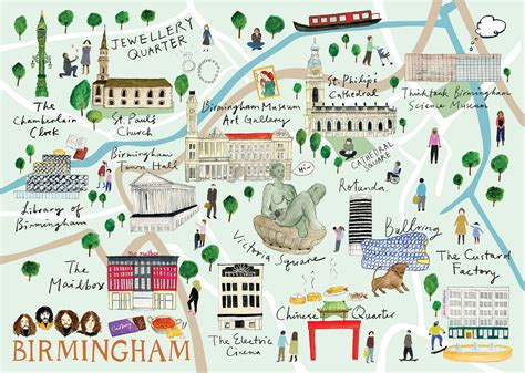 Illustrated map of Birmingham, Bullring, Victoria square, the electric ...