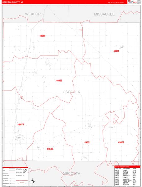 Osceola County, MI Zip Code Wall Map Red Line Style by MarketMAPS ...