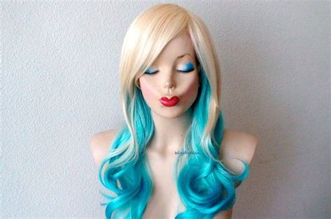Blonde /Teal Blue Ombre WIG. 24 Curly hair side bangs | Etsy | Ombre wigs, Medium length curly ...