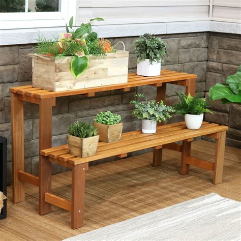 Sunnydaze 2-Tier Meranti Wood Outdoor Plant Stand with Teak Oil Finish ...