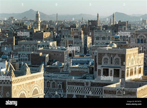 The Old Town of Yemen's capital city Sana'a, early evening light on ...