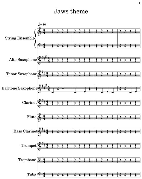 Jaws theme - Sheet music for String Ensemble, Alto Saxophone, Tenor Saxophone, Baritone ...