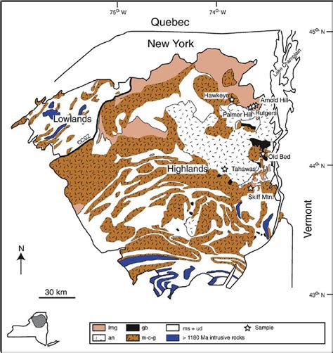 Simpli fi ed geology of the Adirondack Mountains with sample locations... | Download Scientific ...