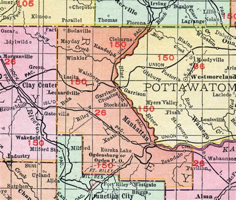 Riley County, Kansas, 1911, Map, Manhattan, Ogden, Randolph, Fort Riley